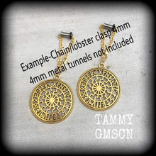 Load image into Gallery viewer, Sunwheel earrings Rune earrings Viking Black sun Occult Viking Norse Esoteric Asatru Gauges Pierced ears Tunnel earrings Plug earrings 14g
