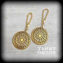 Load image into Gallery viewer, Sunwheel ear hangers Rune Tunnel dangles Viking Plug dangles Black sun Occult Viking Norse Esoteric Gauged earrings Tunnel earrings Asatru