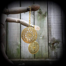 Load image into Gallery viewer, Sunwheel ear hangers Rune Tunnel dangles Viking Plug dangles Black sun Occult Viking Norse Esoteric Gauged earrings Tunnel earrings Asatru