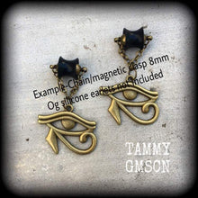 Load image into Gallery viewer, Eye of Horus ear hangers Egyptian Evil eye Esoteric Eye of Ra Gauged earrings Occult Esoteric Tunnel dangles Plug dangles Hanging gauges