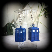 Load image into Gallery viewer, Tardis ear weights Phone box Dr Who Tom Baker Daleks Science Nerd Geek Plug earrings Gauged earrings Ear hangers Tunnel dangles 00g 0g 2g 4g