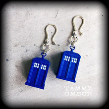 Load image into Gallery viewer, Tardis ear weights Phone box Dr Who Tom Baker Daleks Science Nerd Geek Plug earrings Gauged earrings Ear hangers Tunnel dangles 00g 0g 2g 4g