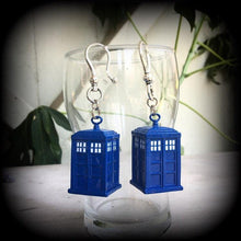 Load image into Gallery viewer, Tardis ear weights Phone box Dr Who Tom Baker Daleks Science Nerd Geek Plug earrings Gauged earrings Ear hangers Tunnel dangles 00g 0g 2g 4g