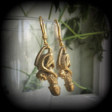 Load image into Gallery viewer, Monkey earrings Thai luck amulet Palad khik Brass Tunnel earrings Love Sex Magick charm Success spell Gauged earrings Plug earrings 2g 4g 6g
