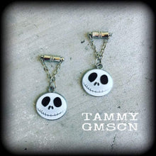 Load image into Gallery viewer, Halloween ear hangers Jack Skellington Tunnel dangles 4mm plug earrings 6mm tunnel earrings Jack and Sally 8mm Gauged earrings 6mm 2g 0g 8mm