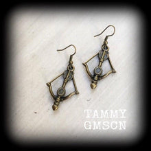 Load image into Gallery viewer, Bow and Arrow Earrings, Goddess Artemis, Cross Bow, Tunnel earrings, Pan jewelry, Saggitarius earrings, Centaur, Wicca, Diana, Plug earrings