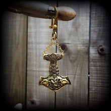 Load image into Gallery viewer, 2 gauge ear weights Thors Hammer Ear hangers 0 gauge weights Rune earrings Plug dangles Gauged earrings Norse Tunnel dangles Gauges Runes 2g