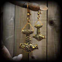 Load image into Gallery viewer, 2 gauge ear weights Thors Hammer Ear hangers 0 gauge weights Rune earrings Plug dangles Gauged earrings Norse Tunnel dangles Gauges Runes 2g