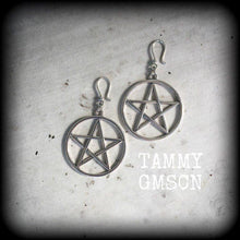 Load image into Gallery viewer, Silver pentagram earrings Witchy Boho Wicca Pagan Pentacle Hippie Evil Coven earrings Gauges Plug earrings Tunnel earrings Pierced ears 8mm