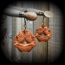 Load image into Gallery viewer, Carved wood earrings Lucky earrings Kawaii Good luck earrings Koi fish earrings Chinese new year French hooks Pierced ears Ear hangers Plugs