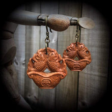 Load image into Gallery viewer, Carved wood earrings Lucky earrings Kawaii Good luck earrings Koi fish earrings Chinese new year French hooks Pierced ears Ear hangers Plugs