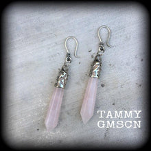Load image into Gallery viewer, Rose Quartz earrings, Gemstone earrings, Pendulum earrings, Rose Quartz jewelry, Plug earrings, Tunnel earrings, Pink earrings, Gauges, 14g
