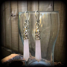 Load image into Gallery viewer, Rose Quartz earrings, Gemstone earrings, Pendulum earrings, Rose Quartz jewelry, Plug earrings, Tunnel earrings, Pink earrings, Gauges, 14g