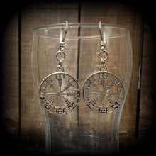 Load image into Gallery viewer, Norse earrings 3mm 8 gauge Nordic wheel earrings Vegvisir Viking Compass ear hangers Asatru Rune Tunnel earrings Thor earrings Plug earrings