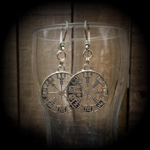 Load image into Gallery viewer, Norse earrings 3mm 8 gauge Nordic wheel earrings Vegvisir Viking Compass ear hangers Asatru Rune Tunnel earrings Thor earrings Plug earrings