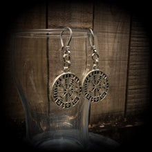 Load image into Gallery viewer, Norse earrings 3mm 8 gauge Nordic wheel earrings Vegvisir Viking Compass ear hangers Asatru Rune Tunnel earrings Thor earrings Plug earrings