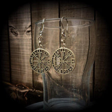 Load image into Gallery viewer, Norse earrings 3mm 8 gauge Nordic wheel earrings Vegvisir Viking Compass ear hangers Asatru Rune Tunnel earrings Thor earrings Plug earrings