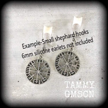 Load image into Gallery viewer, Norse earrings 3mm 8 gauge Nordic wheel earrings Vegvisir Viking Compass ear hangers Asatru Rune Tunnel earrings Thor earrings Plug earrings