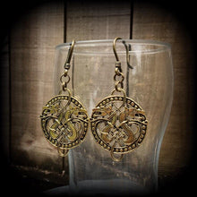 Load image into Gallery viewer, 3mm ear weights 8 guage ear hangers Celtic dragon tunnel earrings Double dragon plug dangles Irish earrings Asatru jewelry 4mm Plug earrings