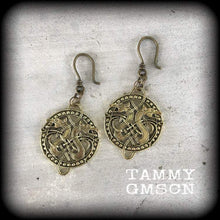 Load image into Gallery viewer, 3mm ear weights 8 guage ear hangers Celtic dragon tunnel earrings Double dragon plug dangles Irish earrings Asatru jewelry 4mm Plug earrings