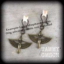 Load image into Gallery viewer, 2 gauge ear weights Egyptian Isis Horus Bird earrings 6mm ear hangers 8 gauge tunnel dangles 0 gauge plug dangles Gauged earrings 8 gauge