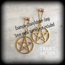 Load image into Gallery viewer, Pentagram ear hangers Tunnel dangles Pentacle Plug dangles Wicca Gauged earrings Witchy Hanging plugs Plug gauges Hanging gauges  00g 0g 2g