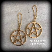 Load image into Gallery viewer, Pentagram ear hangers Tunnel dangles Pentacle Plug dangles Wicca Gauged earrings Witchy Hanging plugs Plug gauges Hanging gauges  00g 0g 2g