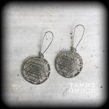 Load image into Gallery viewer, Sri Yantra Earrings Geometric Plug earrings Sri Chakra Tunnel earrings Hindu tantra Ohm Esoteric Yoga earrings Pierced ears Buddha 2g 4g 6g