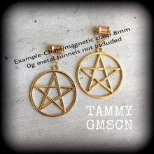 Load image into Gallery viewer, Pentagram ear hangers Tunnel dangles Pentacle Plug dangles Wicca Gauged earrings Witchy Hanging plugs Plug gauges Hanging gauges  00g 0g 2g