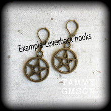 Load image into Gallery viewer, Pentagram earrings Pentacle earrings Goddess Artemis Wicca Witchy Plug earrings Pagan Dangle Pierced ears Leverback hooks Tunnel earrings
