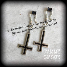 Load image into Gallery viewer, Inverted Cross ear weights Tunnel dangles Gauged earrings Evil eye Hanging gauges Church of Satan Ear hangers Plug dangles Ear weights 0g 2g