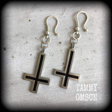 Load image into Gallery viewer, Inverted Cross ear weights Tunnel dangles Gauged earrings Evil eye Hanging gauges Church of Satan Ear hangers Plug dangles Ear weights 0g 2g