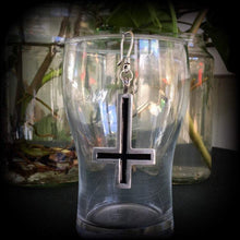 Load image into Gallery viewer, Inverted Cross earrings Evil Gothic Witchy Occult Church of Satan Temple of Set Tunnel earrings Plug earrings Pierced ears French hooks 0g