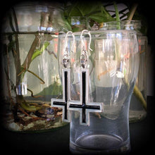 Load image into Gallery viewer, Inverted Cross earrings Evil Gothic Witchy Occult Church of Satan Temple of Set Tunnel earrings Plug earrings Pierced ears French hooks 0g