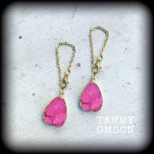 Load image into Gallery viewer, Pink Druzy earrings Quartz earrings Gemstone Tunnel earrings Organic Plug earrings Pink earrings Dangle earring Pierced ears Gauged earrings