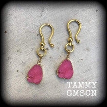 Load image into Gallery viewer, Pink Druzy Tunnel dangles  Gemstone ear hangers Quartz Plug dangles Hanging gauges Plug gauges Gauged earrings Ear weights 00g 0g 2g 4g