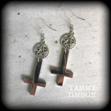 Load image into Gallery viewer, Inverted Cross earrings, Occult jewelry, Plug earrings, Pentagram earrings, Tunnel earrings, Gothic jewelry, Esoteric jewelry, Satanism 2g