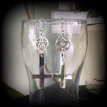Load image into Gallery viewer, Inverted Cross earrings, Occult jewelry, Plug earrings, Pentagram earrings, Tunnel earrings, Gothic jewelry, Esoteric jewelry, Satanism 2g