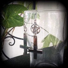 Load image into Gallery viewer, Inverted Cross earrings, Occult jewelry, Plug earrings, Pentagram earrings, Tunnel earrings, Gothic jewelry, Esoteric jewelry, Satanism 2g