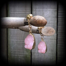 Load image into Gallery viewer, Pink Druzy Tunnel dangles Gemstone ear hangers Quartz Plug dangles Hanging gauges Plug gauges Gauged earrings Ear weights 00g 0g 2g 4g