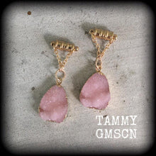 Load image into Gallery viewer, Pink Druzy Tunnel dangles Gemstone ear hangers Quartz Plug dangles Hanging gauges Plug gauges Gauged earrings Ear weights 00g 0g 2g 4g