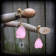 Load image into Gallery viewer, Pink Druzy Tunnel dangles Gemstone ear hangers Quartz Plug dangles Hanging gauges Plug gauges Gauged earrings Ear weights 00g 0g 2g 4g