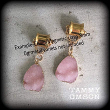 Load image into Gallery viewer, Pink Druzy Tunnel dangles Gemstone ear hangers Quartz Plug dangles Hanging gauges Plug gauges Gauged earrings Ear weights 00g 0g 2g 4g