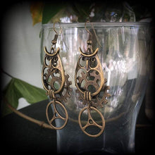 Load image into Gallery viewer, Bronze owl earrings, Steampunk earrings, Owl drop earrings, Cog earrings, Gear earrings, Tunnel earrings, Animal jewelry, Owl jewelry