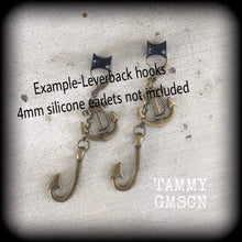 Load image into Gallery viewer, Anchor earrings, Fish hook earrings, Nautical earrings, Jules Verne, Cthulhu earrings, Beach earrings, Sealife earrings, Tunnel earrings