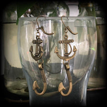 Load image into Gallery viewer, Anchor earrings, Fish hook earrings, Nautical earrings, Jules Verne, Cthulhu earrings, Beach earrings, Sealife earrings, Tunnel earrings