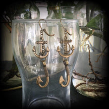 Load image into Gallery viewer, Anchor earrings, Fish hook earrings, Nautical earrings, Jules Verne, Cthulhu earrings, Beach earrings, Sealife earrings, Tunnel earrings