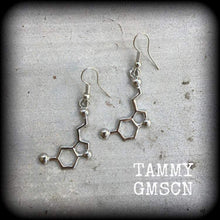 Load image into Gallery viewer, Serotonin earrings Molecule earrings Science earrings Chemical earrings Science jewelry Nerd gifts 3mm tunnel earrings 4mm 6mm plug dangles