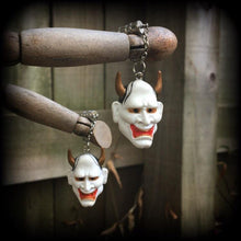 Load image into Gallery viewer, 0 gauge tunnel dangles, 10mm plug earrings, Hannya Mask ear hangers, Ear weights, Hanging gauges, Gauged earrings, For stretched lobes 2g 4g