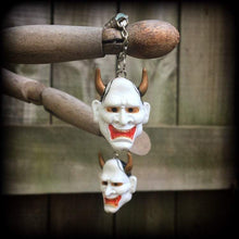 Load image into Gallery viewer, 0 gauge tunnel dangles, 10mm plug earrings, Hannya Mask ear hangers, Ear weights, Hanging gauges, Gauged earrings, For stretched lobes 2g 4g